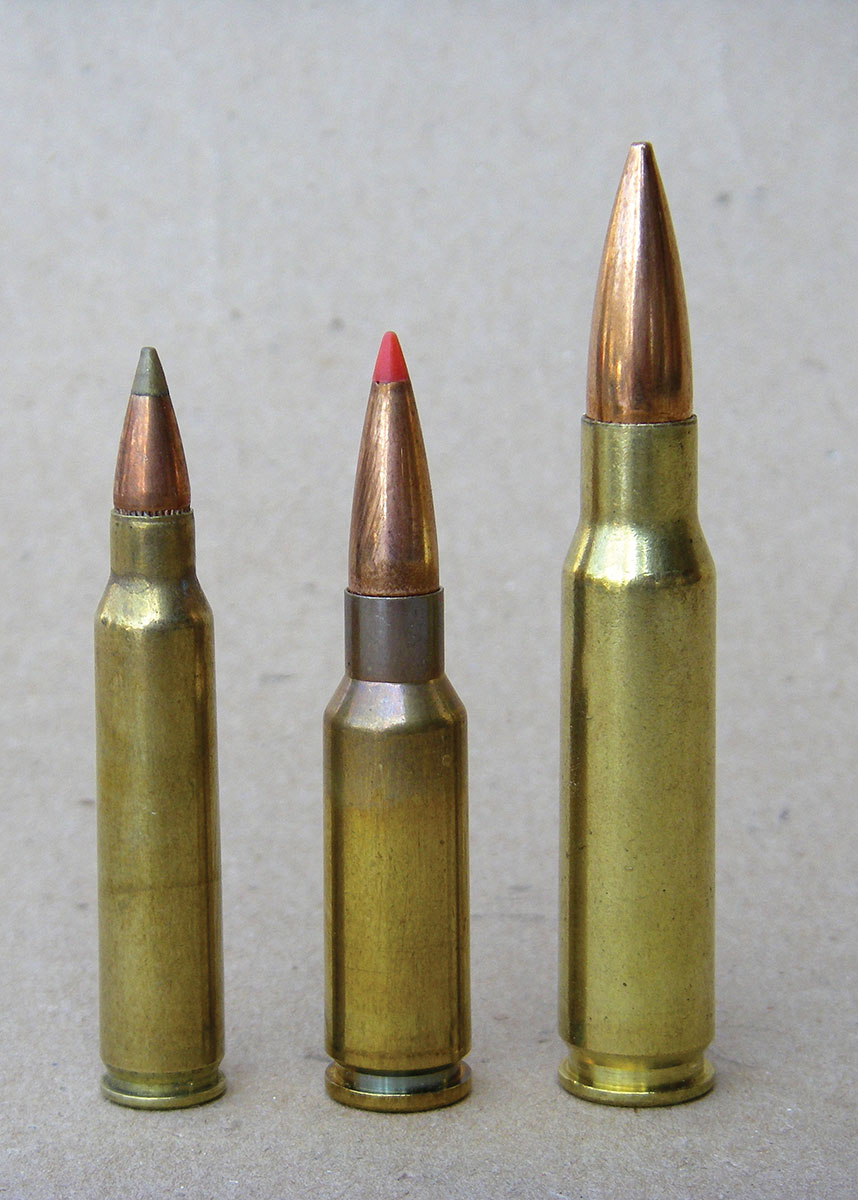 The 6.5 Grendel (center) shares the same overall cartridge length as the 223 Remington (left), allowing its use in ARs. The cartridge’s long-range abilities give it a distinct edge over 308/6.72 NATO (right) loads with its substantially reduced recoil.